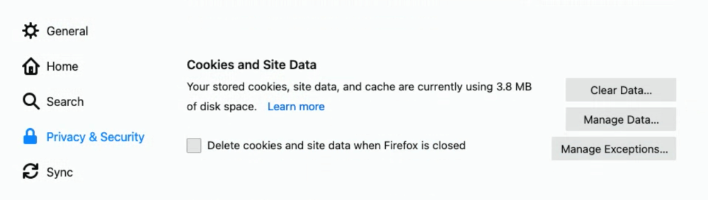 screenshot of firefox settings
