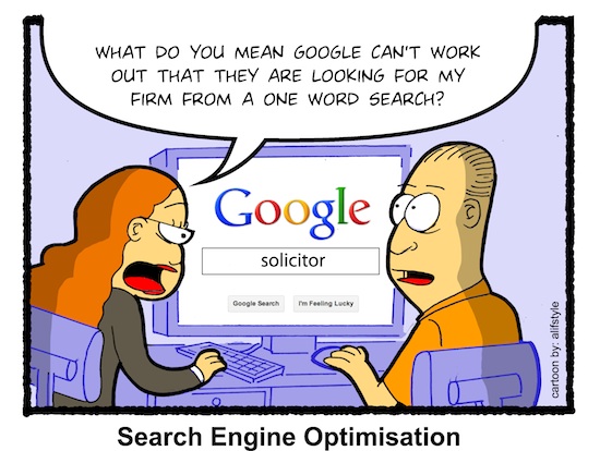 Cartoon: Google and one word searches for lawyers! - Law Firm Web Design  for the Legal Sector