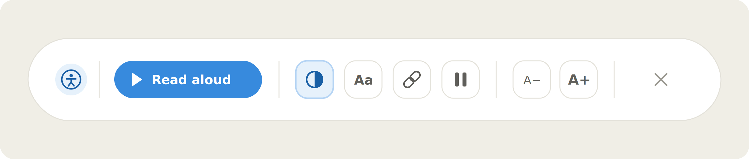 Illustrative mockup of assistive toolbar, in blue, with a read aloud button and icons suggesting text and colour controls.