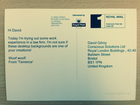 Wording on the back of the postcard