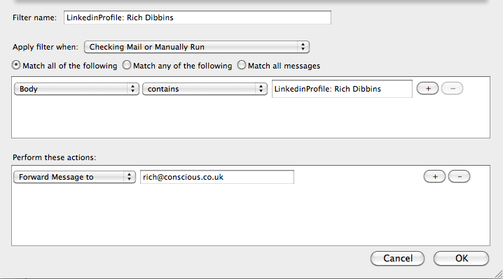 Using Outlook rules for forwarding on LinkedIn updates
