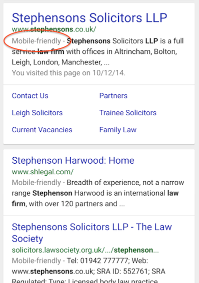 Mobile friendly indicator on a law firm's website in Google